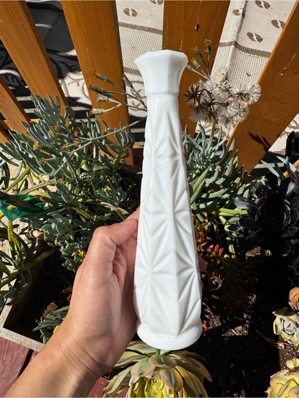 White Geometric Milk Glass Bud Vase vintage